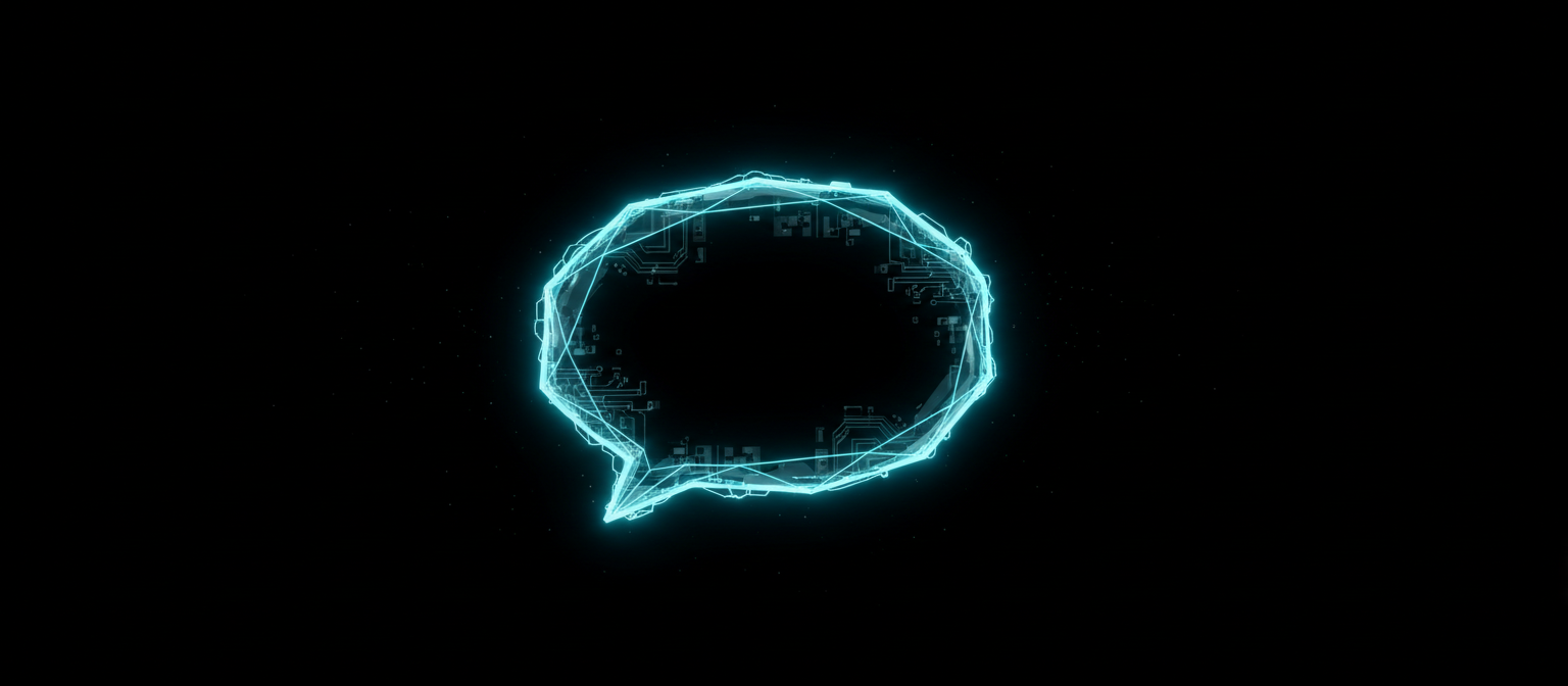 투명한 배경에 밝은 청록색 네온 빛 테두리를 가진 미래적인 말풍선으로, 비어 있고 기술적인 영감을 받았다.