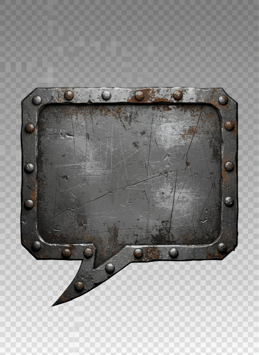 낡은 모습을 주는 거칠고 산업적인 말풍선, 거친 질감, 짙은 금속 회색, 리벳 디테일.