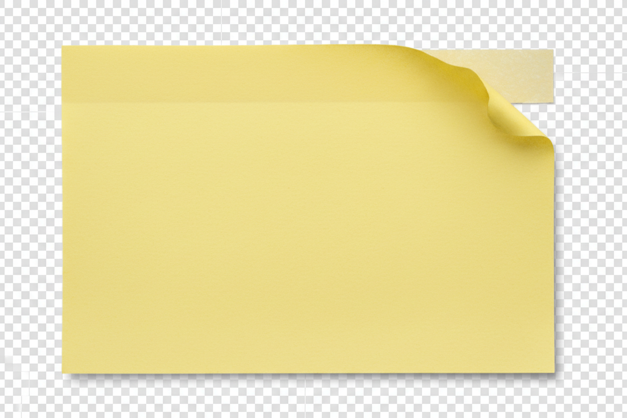 약간 구부러진 모서리와 질감 있는 노란색 포스트잇 형태의 말풍선, 투명한 배경.