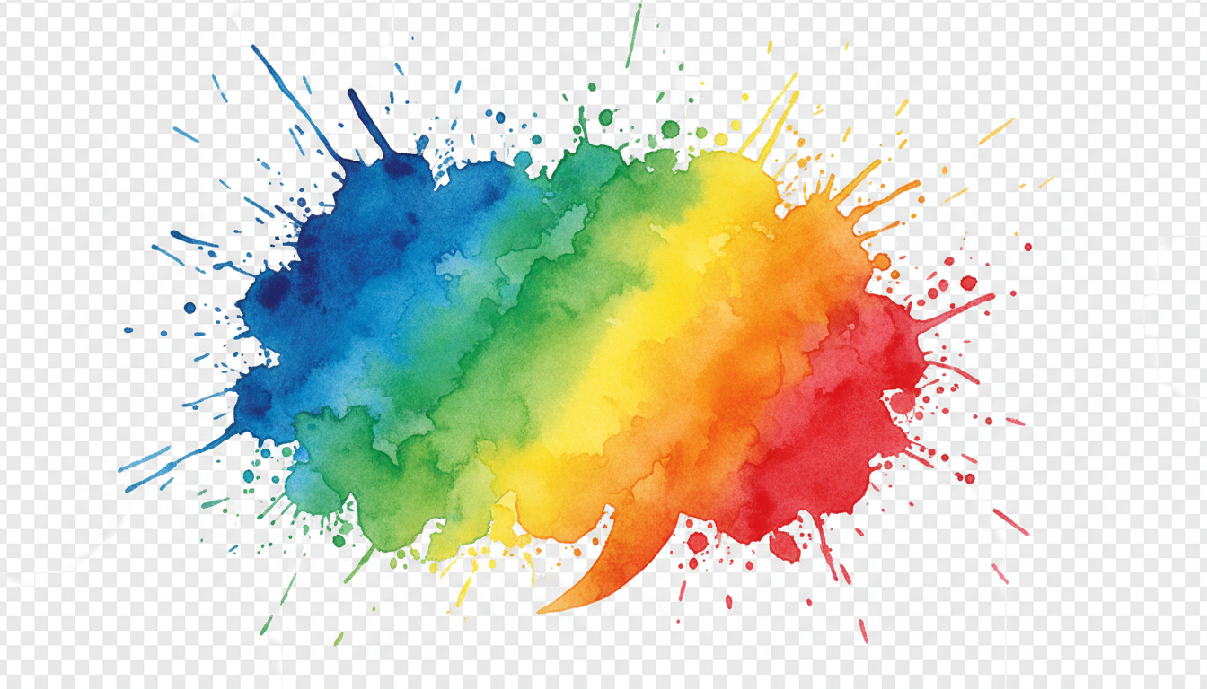 생생한 무지개색의 예술적인 수채화 물방울 말풍선, 표현적인 자유로운 형태, 투명한 배경.