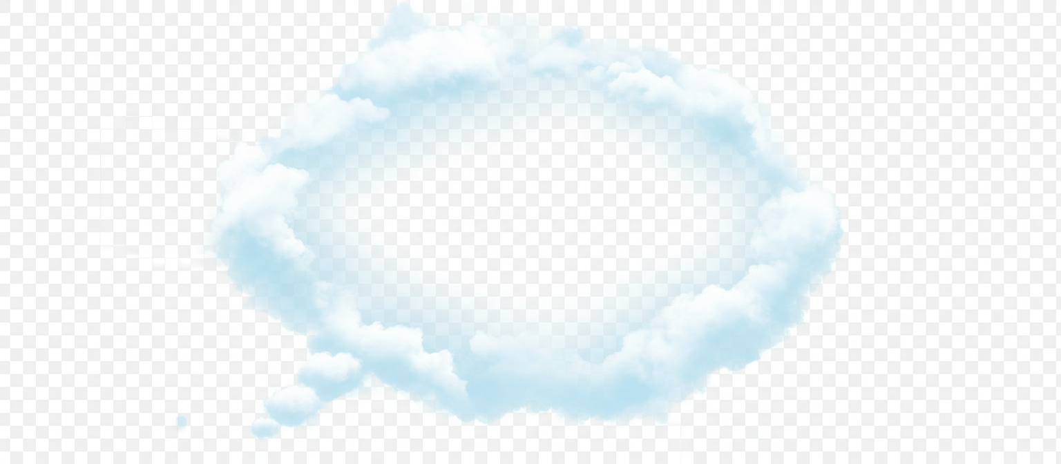 미묘한 푸른빛을 띠는 부드럽고 구름 같은 생각 말풍선이 투명한 배경 위에 떠 있다.