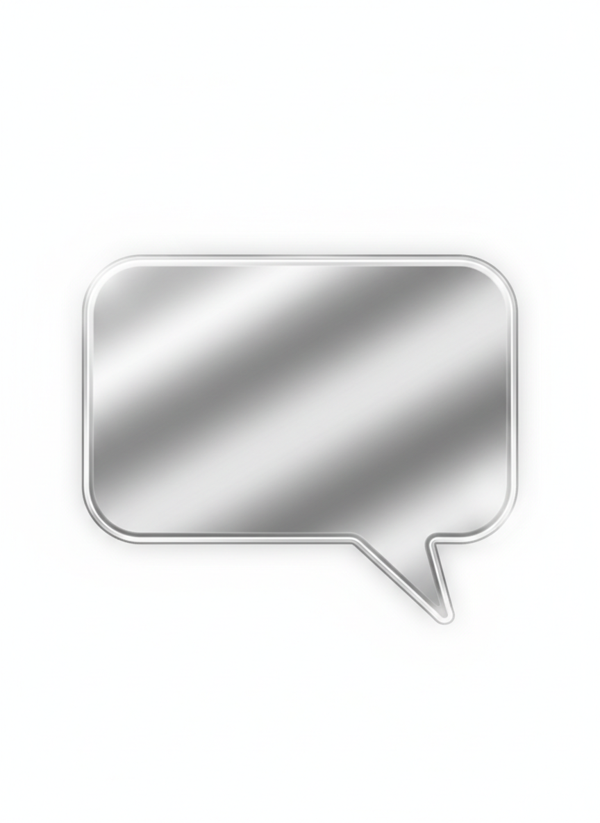 고급스러운 금속성 광택 은색 말풍선, 약간 둥근 직사각형 모양, 투명한 배경.
