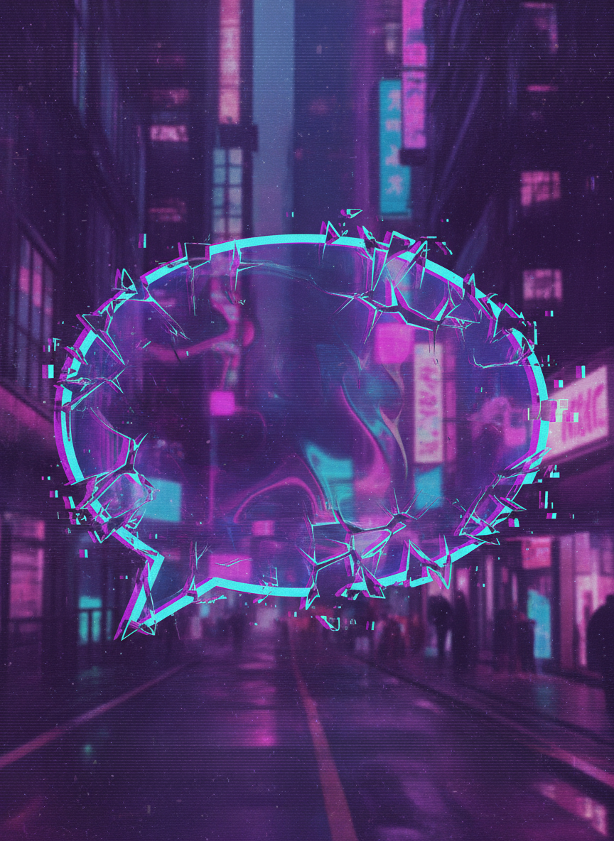 디지털 오류 효과가 있는 왜곡된 글리치 말풍선, 보라색과 시안색 색상 변화, 파편화된 가장자리, 사이버펑크 스타일.