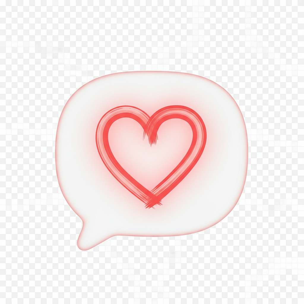사랑이나 애정을 상징하는 양식화된 빨간색 하트 아이콘이 들어있는 사랑스러운 말풍선이 투명한 배경 위에 있다.
