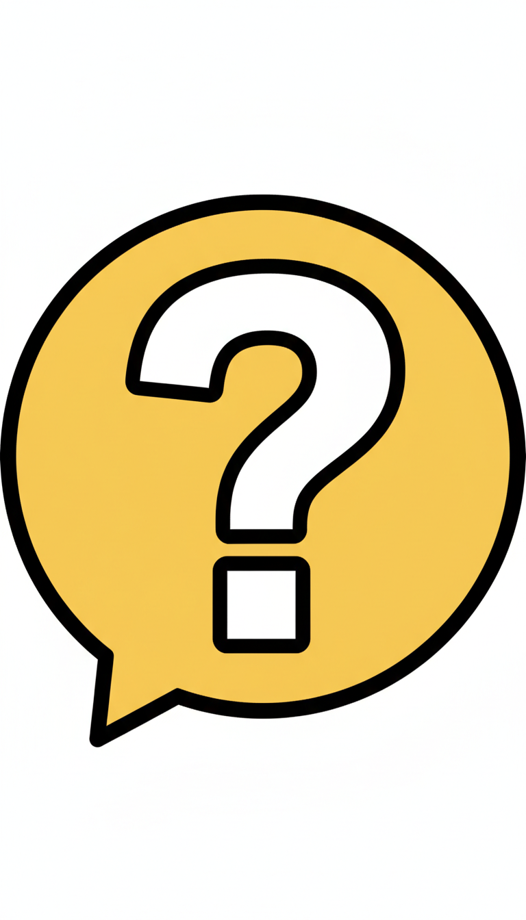 큰 물음표가 안에 있는 밝은 노란색 원형 말풍선, 두꺼운 만화 윤곽선.