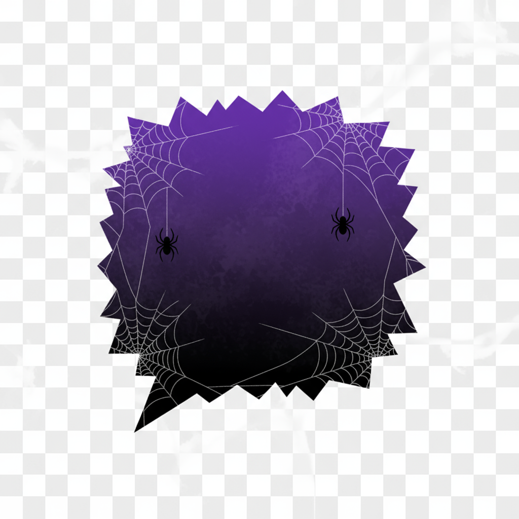 톱니 모양의 가장자리, 으스스한 보라색과 검은색 그라데이션, 거미줄 디테일이 있는 할로윈 테마 말풍선, 투명한 배경.