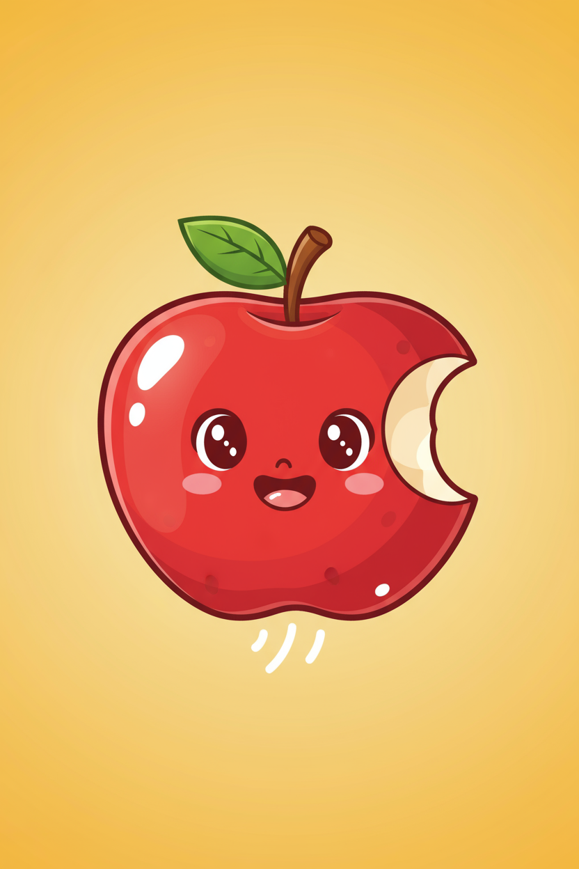 한 입 베어 먹은 통통한 빨간 사과 모양의 음식 테마 말풍선 일러스트, 그림 같은 만화 스타일, 행복한 표정.