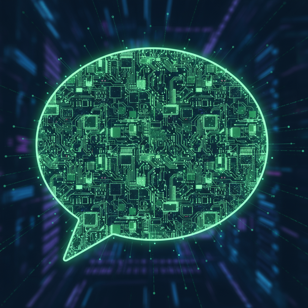 빛나는 녹색 회로 기판 선과 작은 집적 회로가 있는 디지털 시대의 기술 말풍선 일러스트.