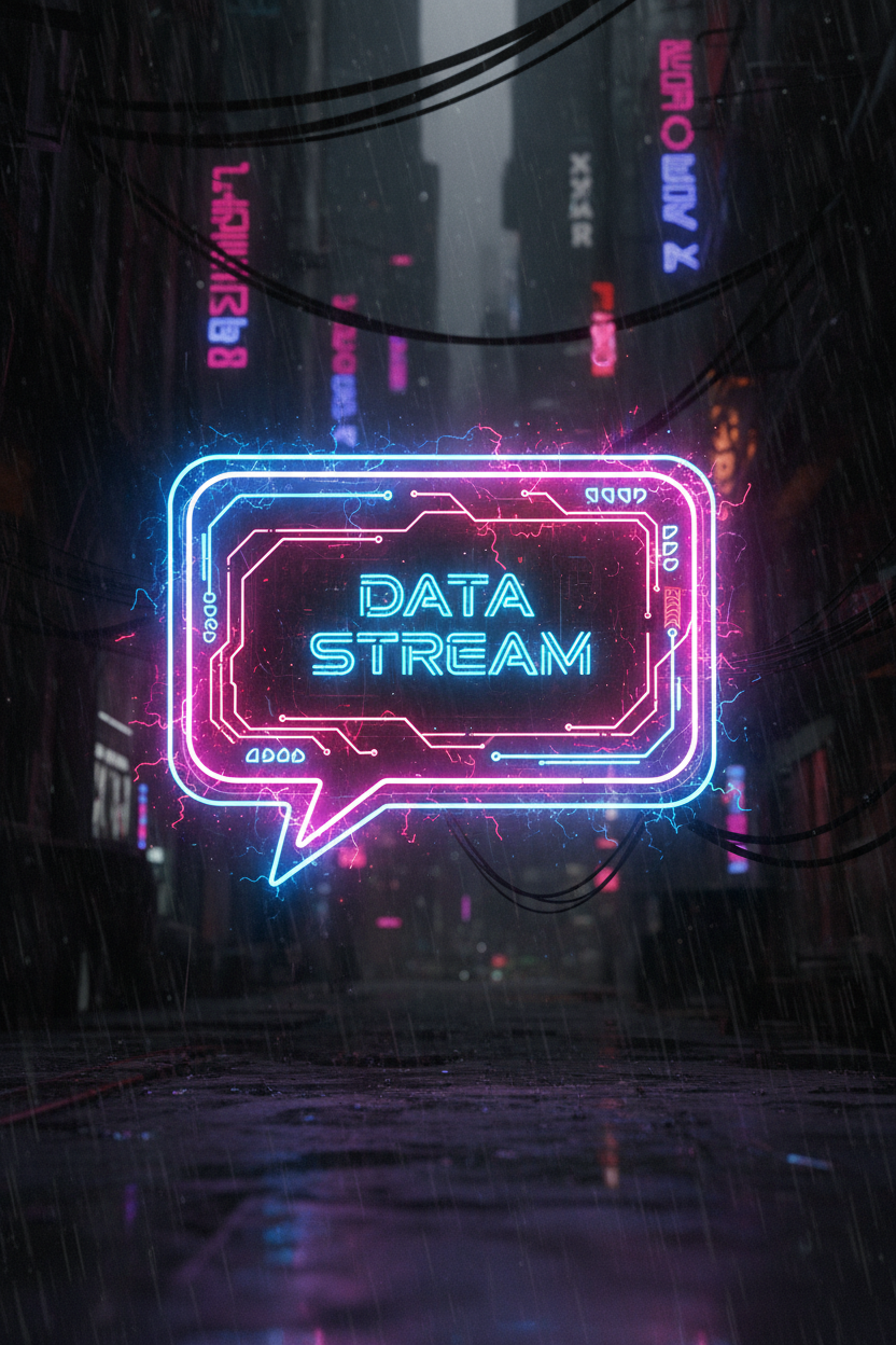 어두운 배경에 밝고 빛나는 전기 블루와 핫핑크 윤곽선이 있는 네온 글로우 말풍선 일러스트, 미래적이고 사이버펑크 느낌.