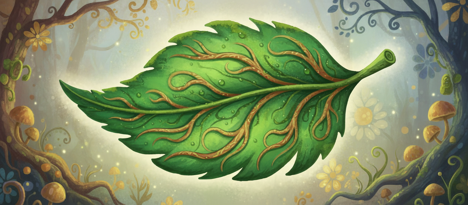 잎맥 디테일이 있는 녹색 나뭇잎 모양의 자연에서 영감을 받은 말풍선 일러스트, 유기적인 질감, 흙빛 색조, 기발한 판타지 스타일.