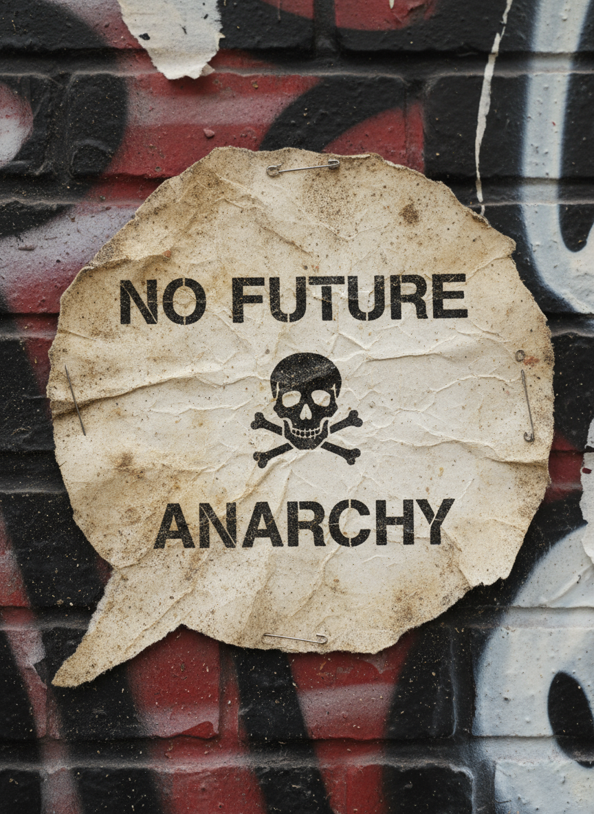 찢어진 종이 가장자리, 바랜 검은 잉크, 거친 질감이 특징인 그런지 스타일의 말풍선 일러스트, 펑크 록 미학을 구현한다.