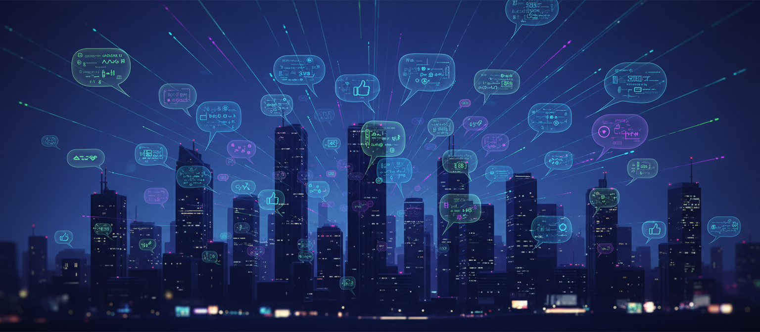 도시 통신을 상징하며 도시 스카이라인에 통합된 말풍선 일러스트.