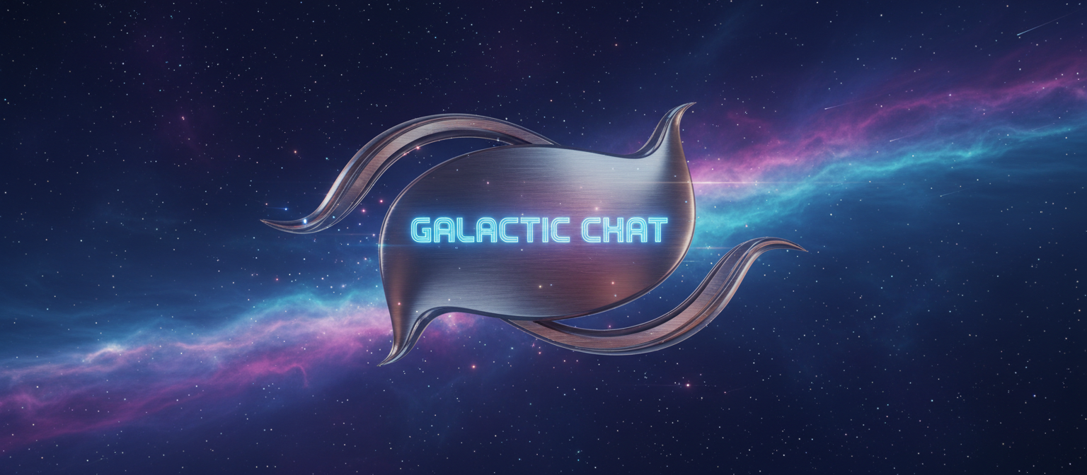 우주 성운 배경, 떠다니는 별, 금속 질감, 깊은 파란색과 보라색이 특징인 우주 테마 말풍선 일러스트, SF 컨셉.