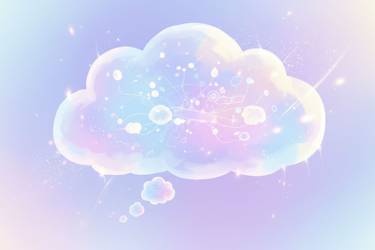구름 모양의 부드러운 파스텔톤 생각 풍선 일러스트, 몽환적인 스타일.