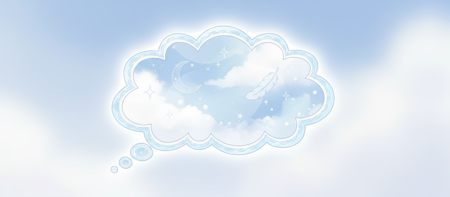 물결 모양의 테두리가 있는 구름 모양의 생각 풍선 일러스트, 연한 파란색과 흰색, 몽환적이고 꿈결 같은 느낌.