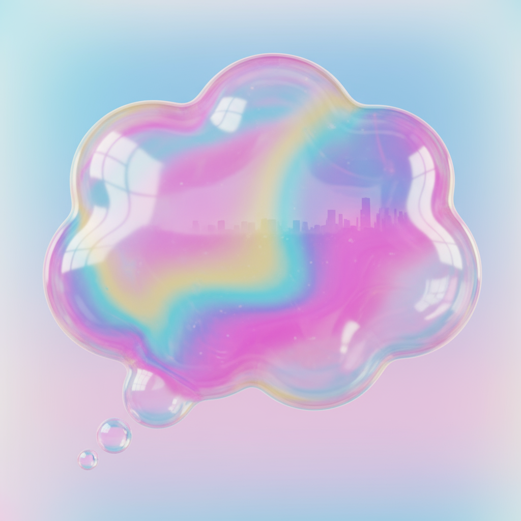 반투명한 껌 효과와 은은한 반사, 생동감 있는 무지개색, 매끄러운 플라스틱 질감을 가진 윤기 나는 말풍선 일러스트.