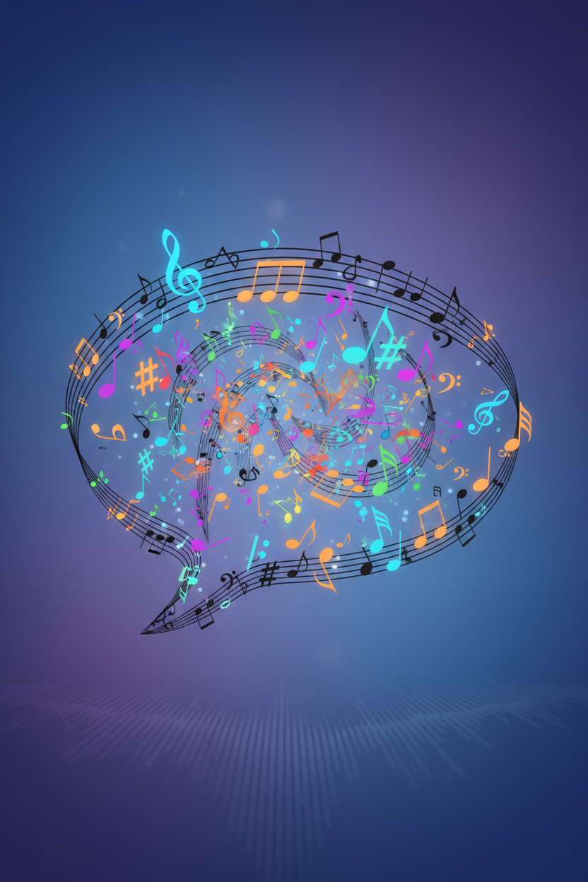 소용돌이치는 검은색 음표와 활기찬 음악 기호로 만들어진 리듬감 있는 말풍선 일러스트.