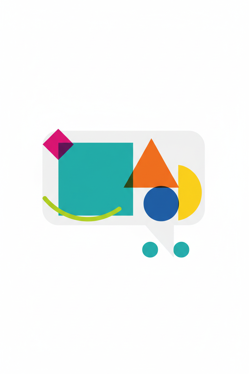 하얀색 배경에 다양한 기하학적 모양과 생생한 단색으로 이루어진 깔끔하고 현대적인 말풍선 일러스트, 벡터 아트 스타일.