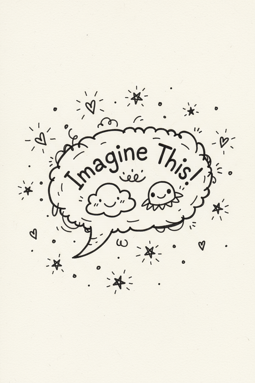 기발하고 불규칙한 모양과 얇은 검은색 선이 특징인 낙서 아트 말풍선 일러스트, 작은 별과 하트들로 둘러싸여 장난스러운 미학을 만든다.