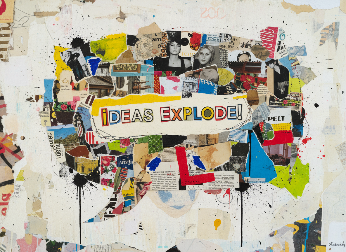 다양한 잡지 오려내기와 질감으로 만들어진 절충주의적인 콜라주 스타일 말풍선 일러스트.