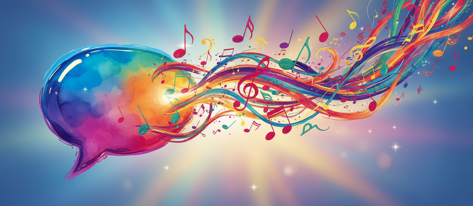 음악을 나타내는 악보가 흘러나오는 활기찬 말풍선 일러스트.