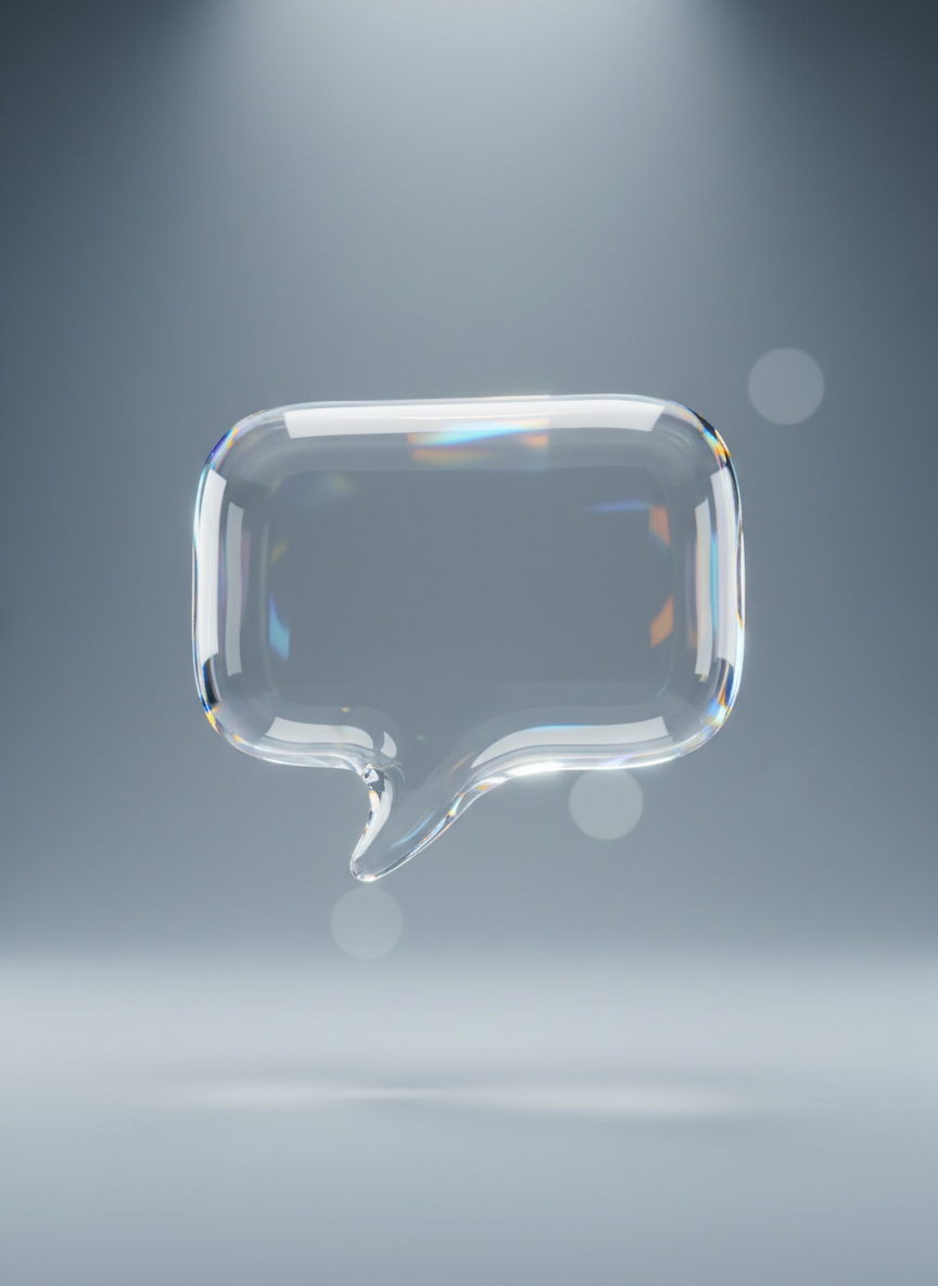 최소한의 빛을 발하는 섬세한 투명 유리 같은 말풍선 일러스트.