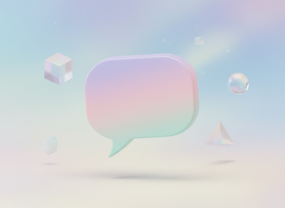 공중에 떠 있는 등각 투영 3D 말풍선 일러스트, 부드러운 그림자, 깔끔한 가장자리, 파스텔 그라데이션 색상, 미니멀한 환경.