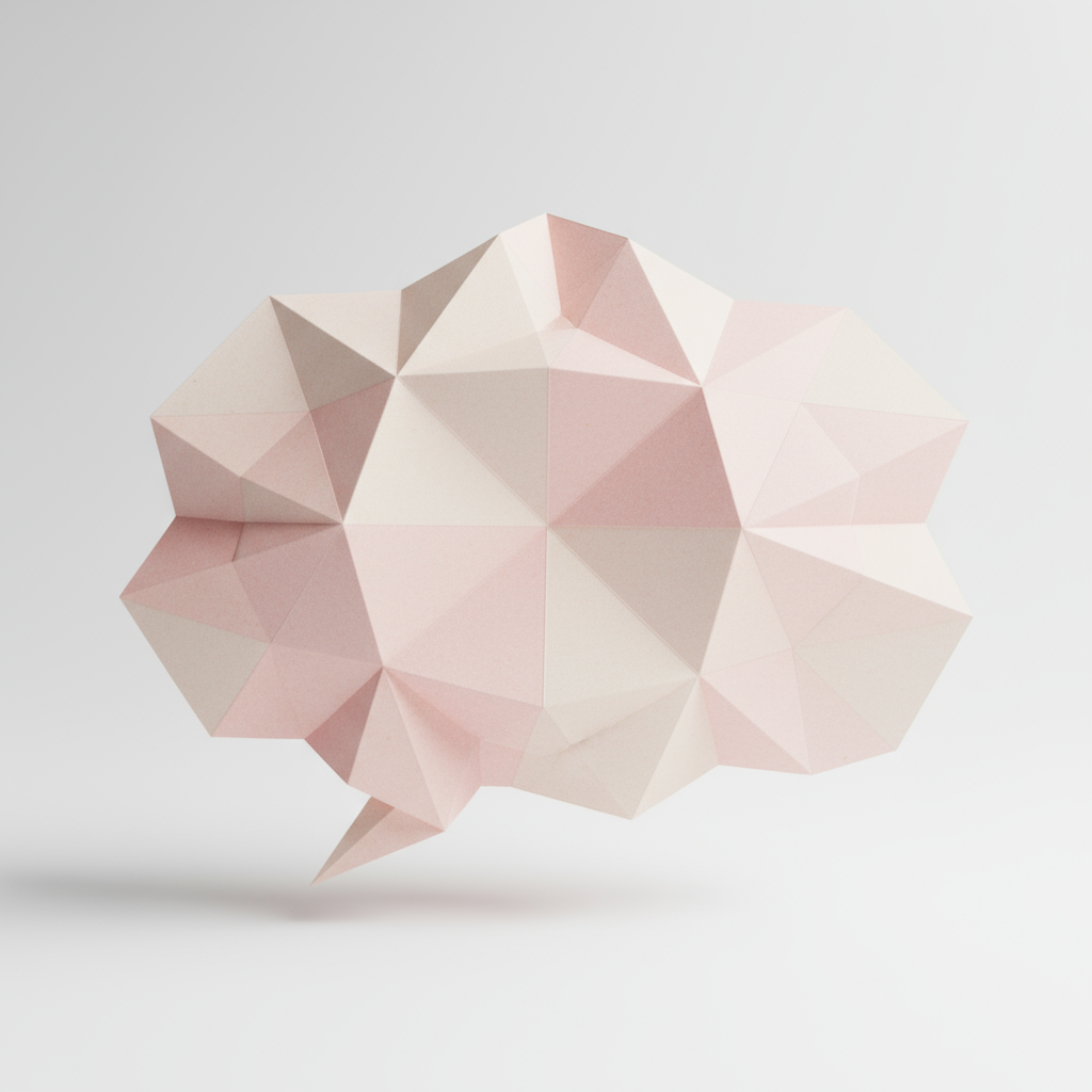 접힌 종이 질감, 선명한 기하학적 접힘, 파스텔 핑크와 크림색이 특징인 종이접기 말풍선 일러스트, 3D 렌더링.