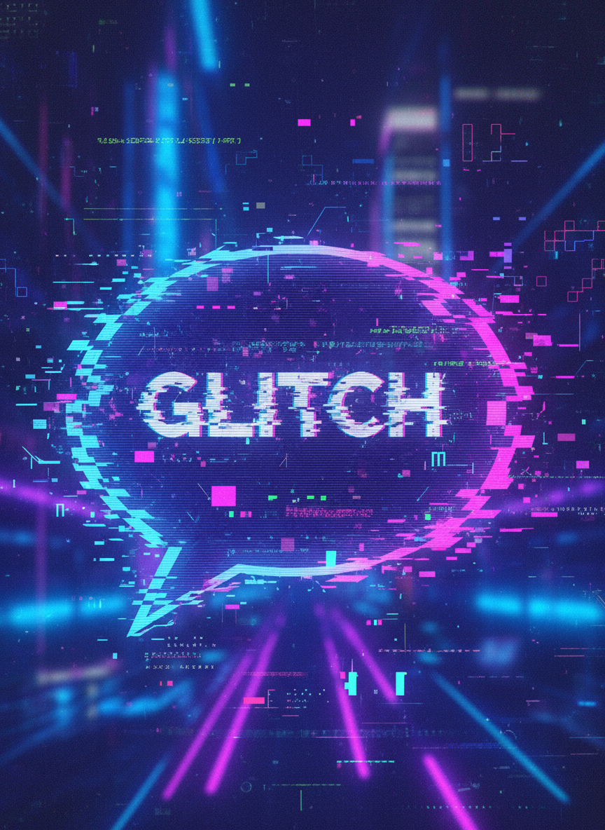 픽셀화된 가장자리, 손상된 데이터 라인, 네온 블루와 퍼플 색상이 특징인 디지털 글리치 아트 말풍선 일러스트, 사이버네틱 미학을 표현한다.