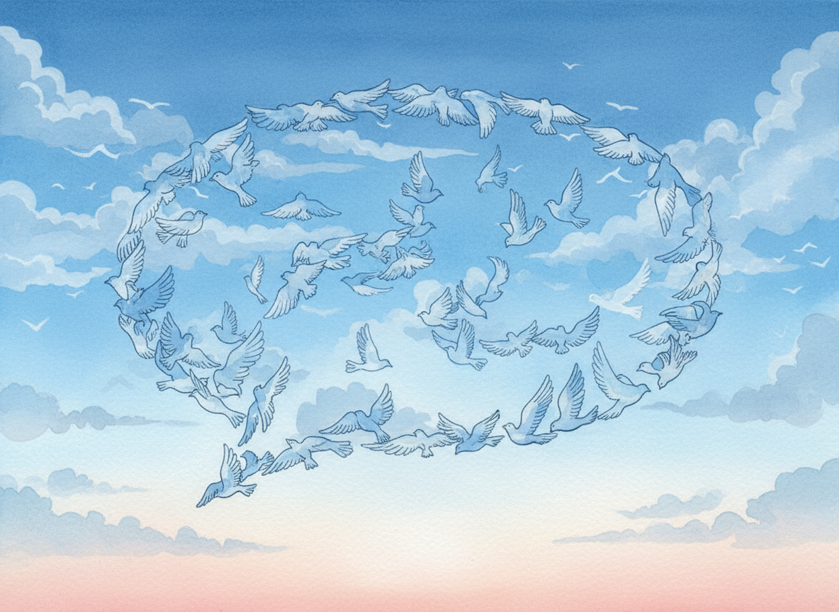 고요한 하늘색으로 새떼가 모여 형성된 독특한 말풍선 일러스트.