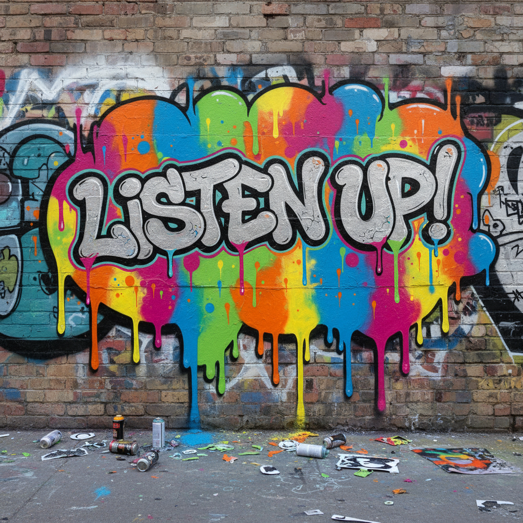 그래피티 미학이 느껴지는 페인트가 흘러내리는 스타일의 말풍선 일러스트.