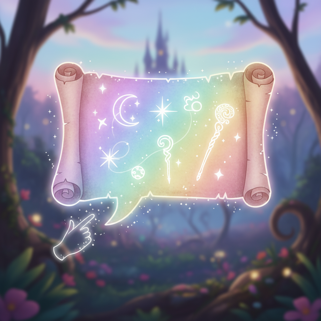 환상적인 빛, 반짝이는 먼지, 두루마리 같은 질감, 부드러운 파스텔 무지개색이 특징인 마법 판타지 말풍선 일러스트, 기발한 마법.