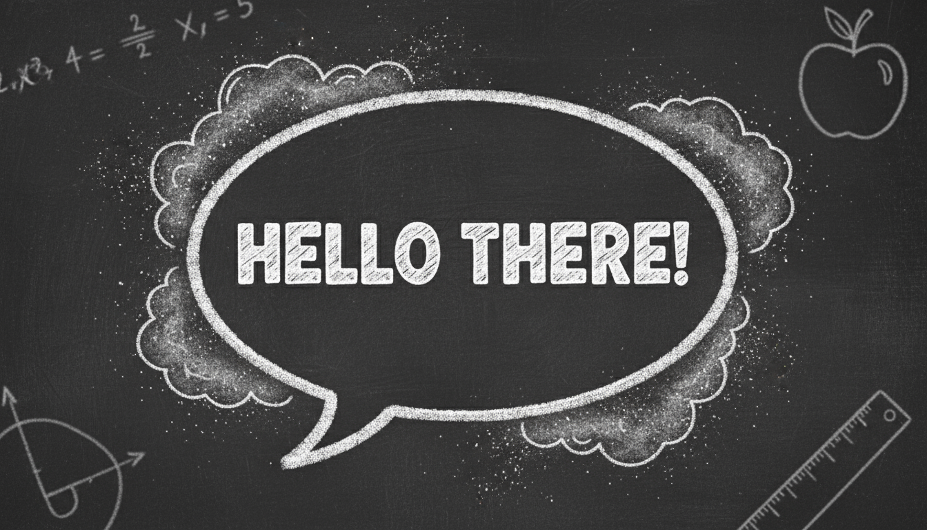 어두운 칠판 배경에 흰색 분필 질감으로 손으로 그린 칠판 스타일 말풍선 일러스트, 먼지 많고 교육적인 느낌을 준다.