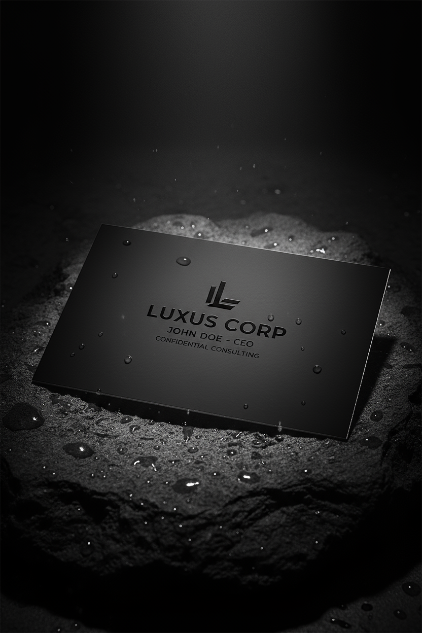 드라마틱한 조명 아래 숯불 표면에 놓인 어둡고 분위기 있는 검은색 명함 목업.
