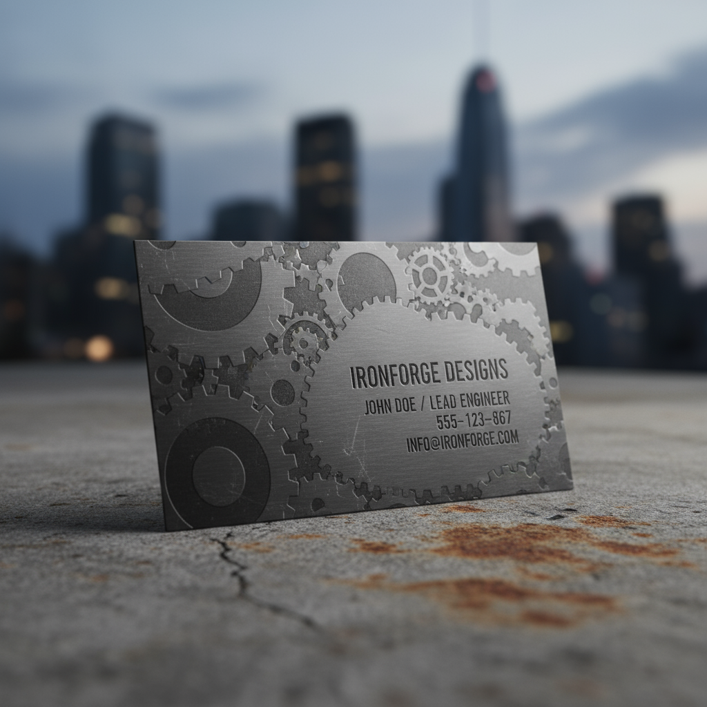 금속 마감의 산업 테마 명함 목업이 풍화된 콘크리트 표면에 놓여 있고, 도시 스카이라인이 배경에 있는 모습.