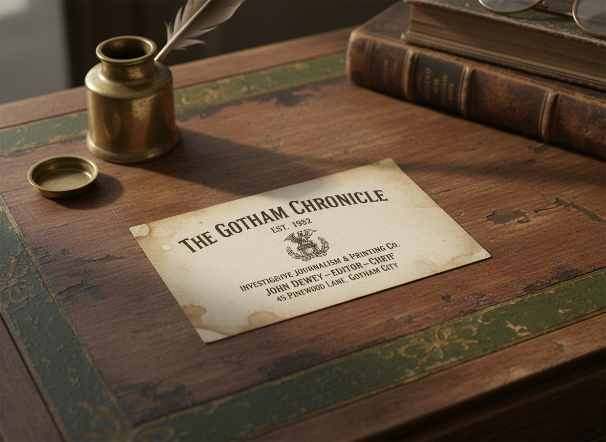 오래된 나무 표면에 놓인, 오래된 종이 질감과 고전적인 타이포그래피의 빈티지 명함 목업.