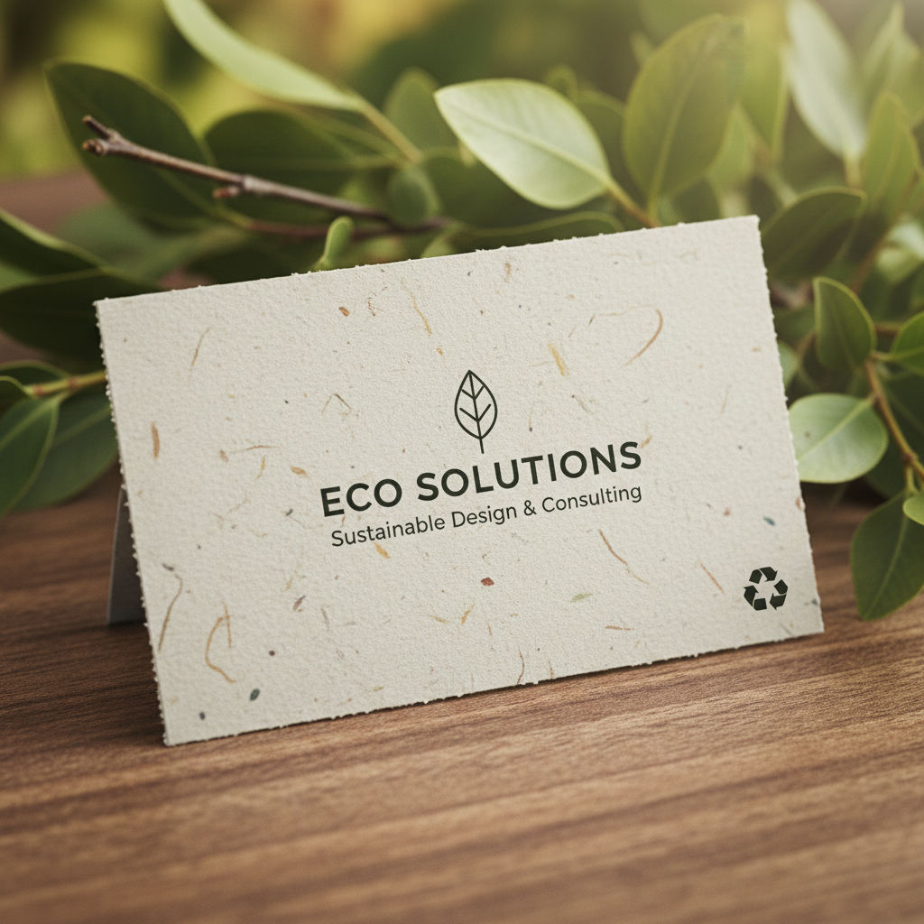 재활용 종이로 만든 친환경 명함 목업, 초록 잎과 자연 나무 배경, 근접 촬영.