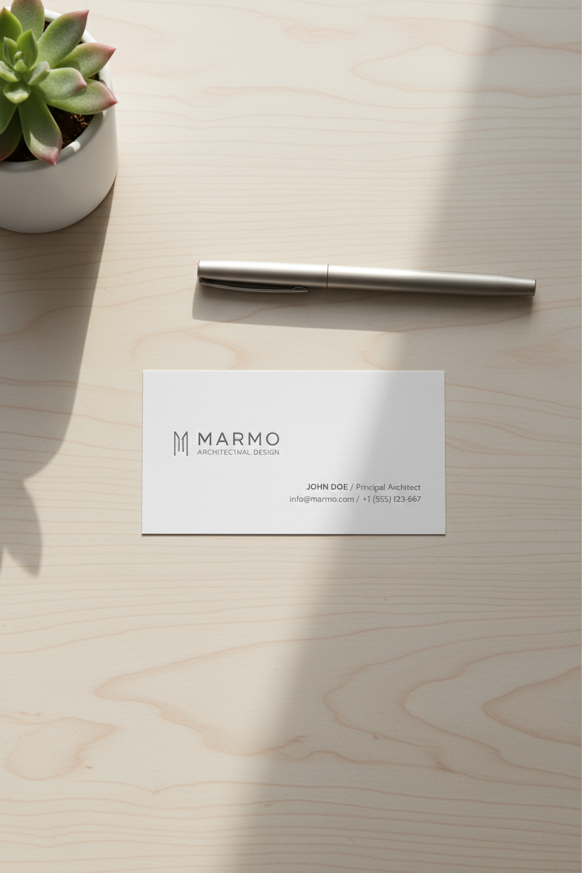 깔끔한 나무 책상 위에 놓인 가로형 미니멀리스트 명함 목업, 부드러운 그림자.