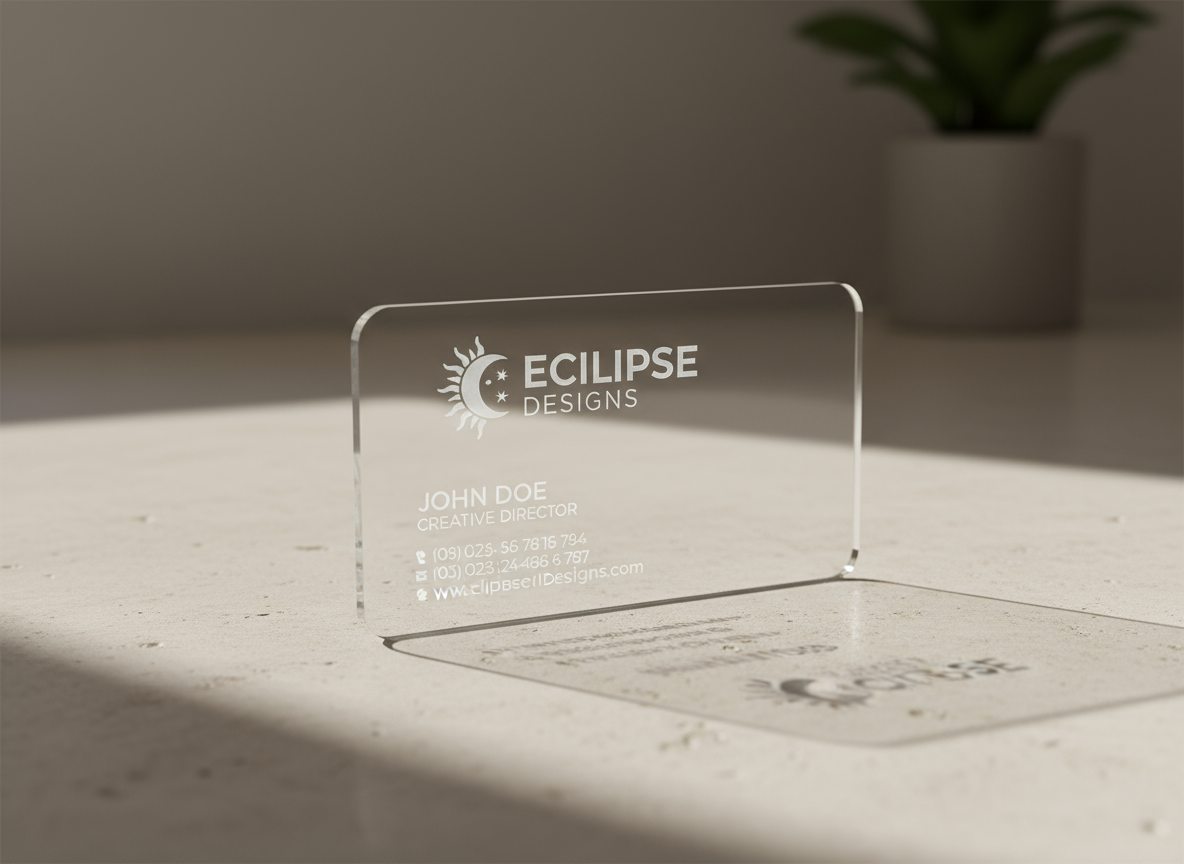 투명 플라스틱으로 만든 투명 명함 목업, 밝은 표면에 그림자를 드리우고 측면 조명으로 투명성을 강조.