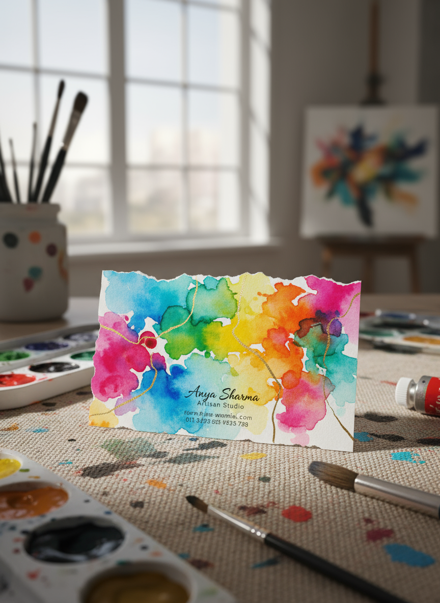 수채화 디자인의 독특한 명함이 캔버스 위에 놓여 있는 예술적인 명함 목업.