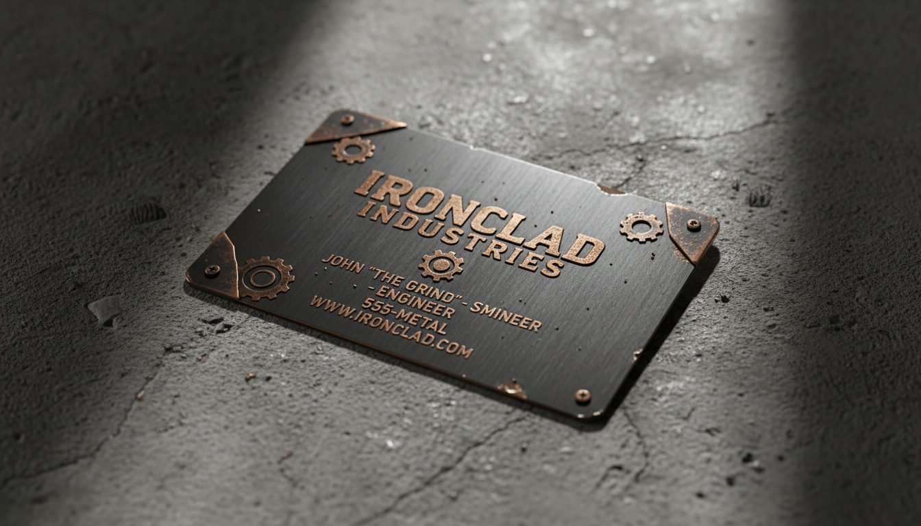 거친 콘크리트 슬라브 위에 놓인 금속 마감 명함의 산업적인 명함 목업.