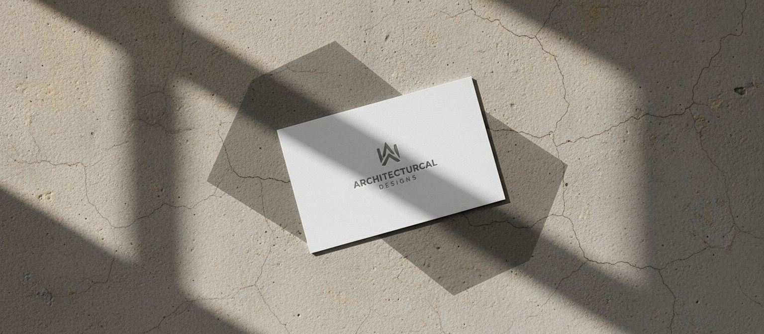 질감 있는 벽에 강한 기하학적 그림자 놀이를 보여주는 명함 목업.