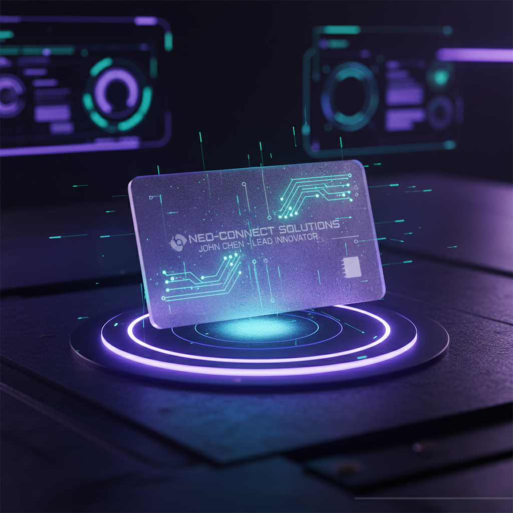 회로 기판 디자인 요소가 있는 기술적 명함 목업, 빛나는 LED 패드 위, 미래지향적.