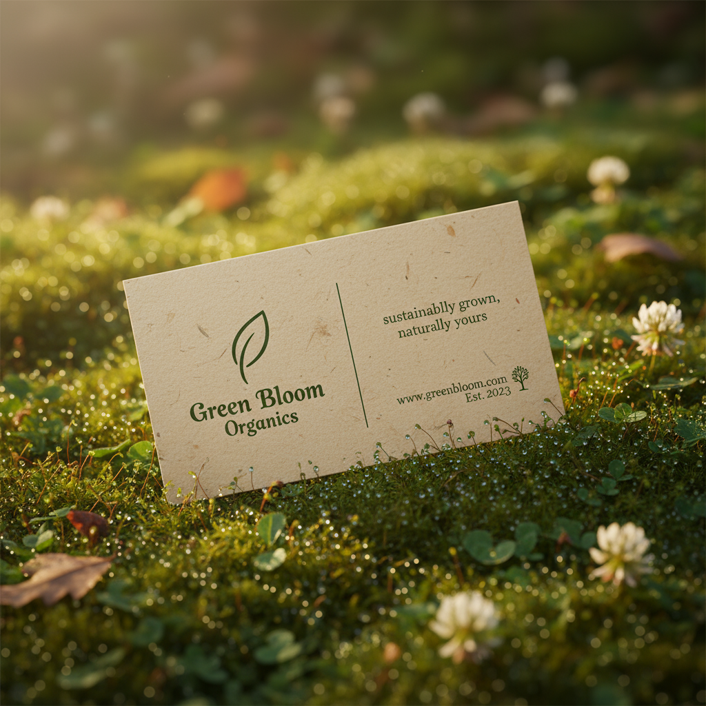 이슬 맺힌 신선한 초록 이끼 위에 놓인 자연에서 영감을 받은 명함 목업.