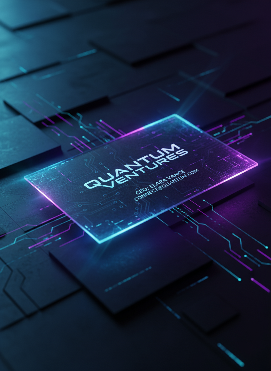 어두운 첨단 기술 표면 위에 디지털 빛으로 윤곽이 강조된 미래지향적인 명함 목업.