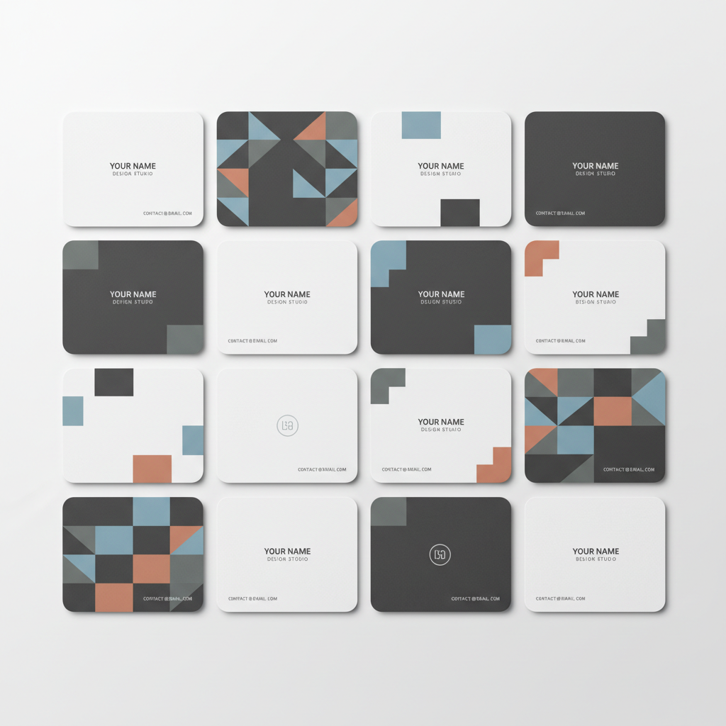 깔끔한 흰색 배경에 그리드 패턴으로 정렬된 사각형 명함 목업 세트.