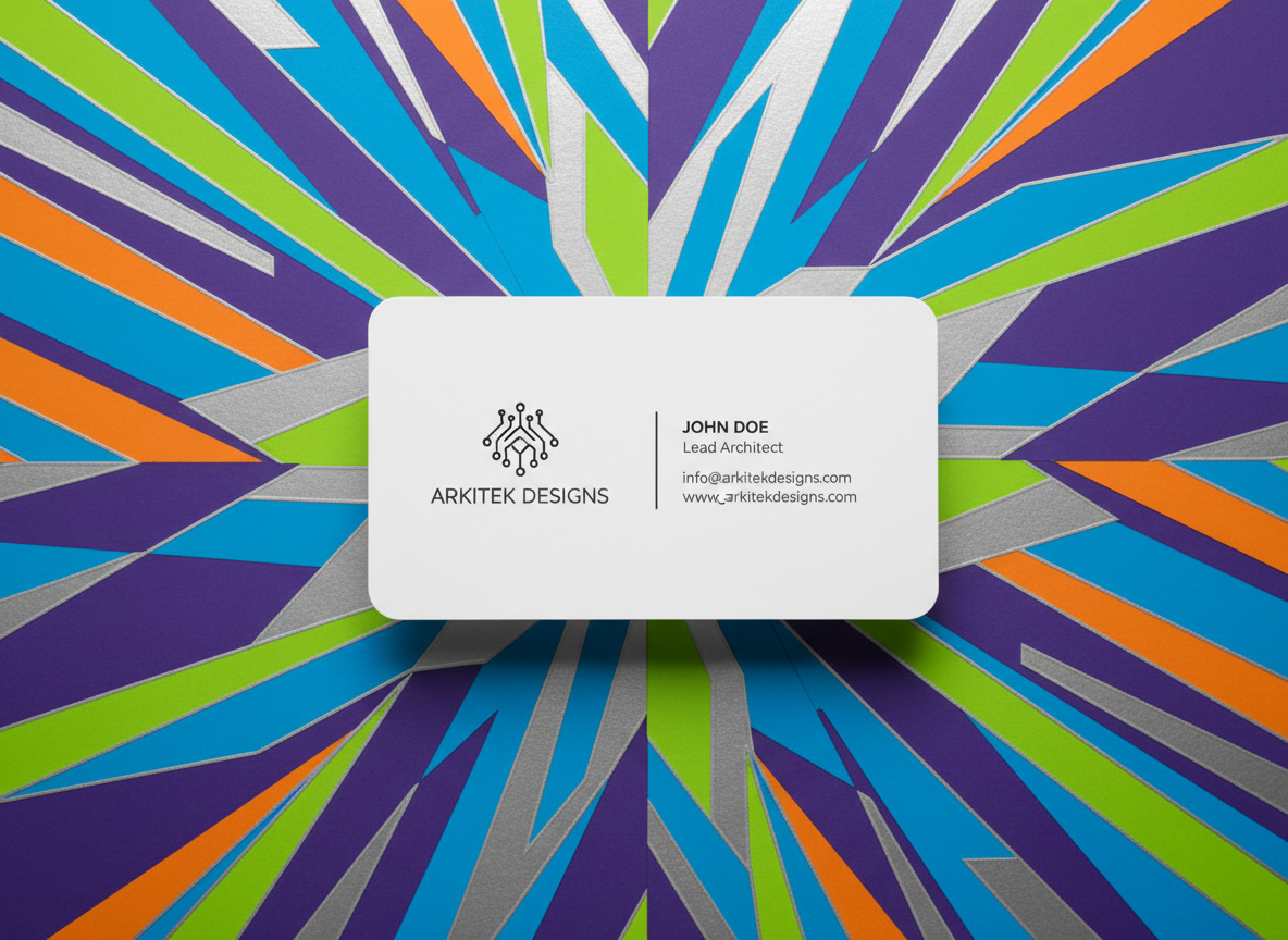 활기찬 현대적 기하학 패턴 배경 위에 정확히 놓인 명함 목업.