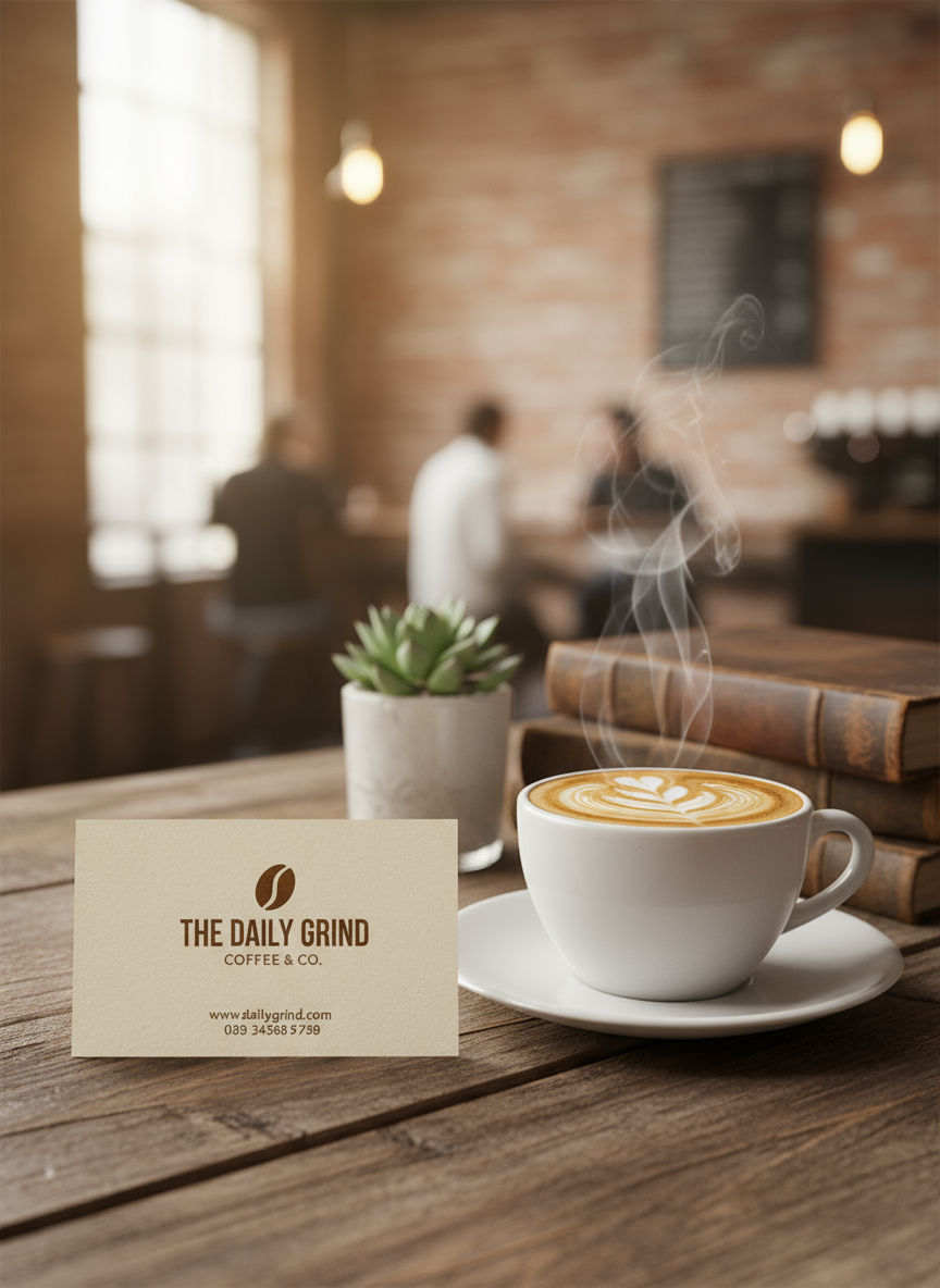 따뜻한 커피숍 배경에 라떼 옆 나무 테이블에 놓인 명함 목업.