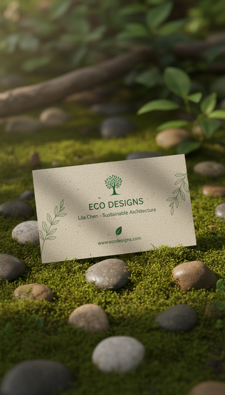 무성한 이끼와 작은 자갈 사이에 놓인 친환경 명함의 자연 친화적인 명함 목업.