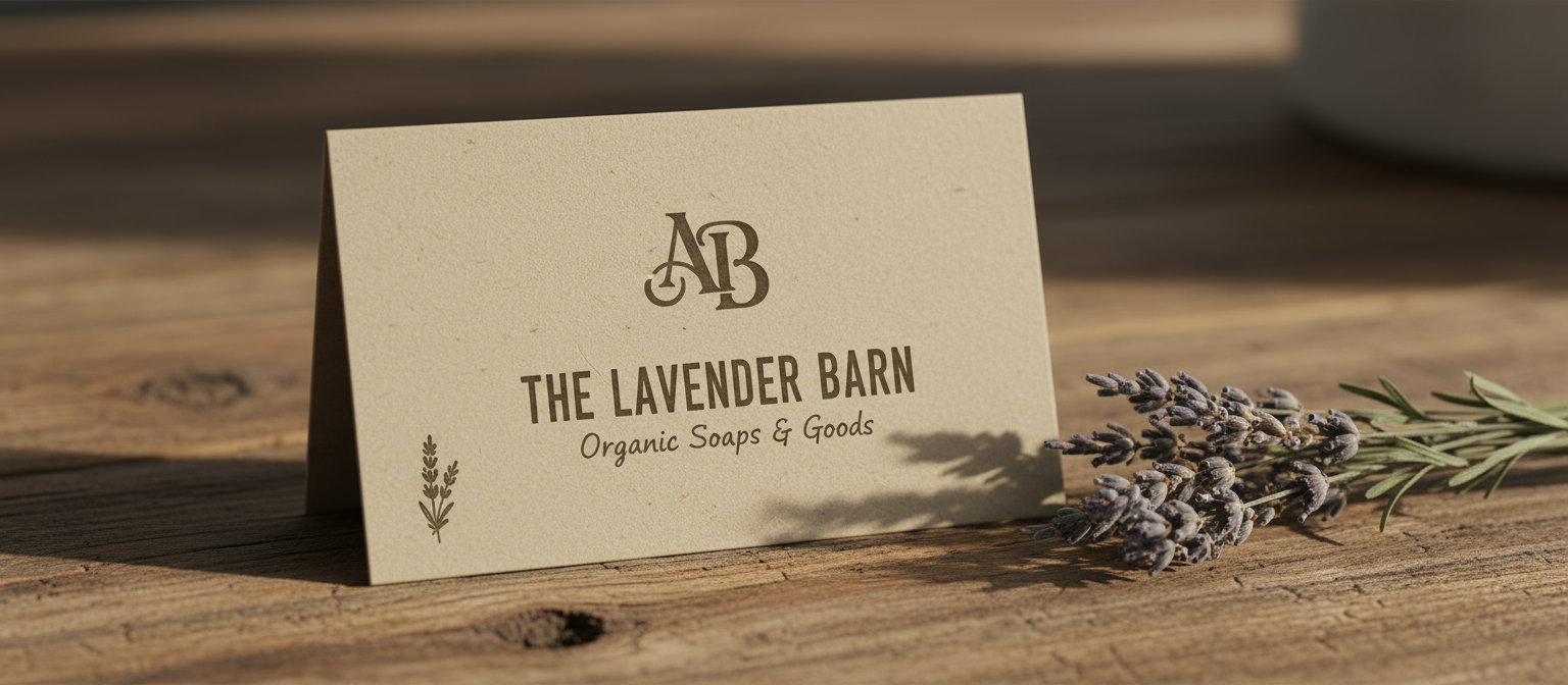 편지지로 인쇄된 소박한 크라프트지 명함이 말린 라벤더와 함께 낡은 나무 위에 놓인 목업.